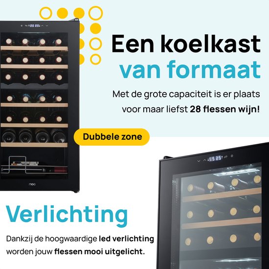 MOA Wijnkoelkast voor 28 Flessen - Wijnklimaatkast Vrijstaand met 2 Temperatuurzones - Wijnkoeler - Instelbaar tussen 5°C en 18°C - Zwart
