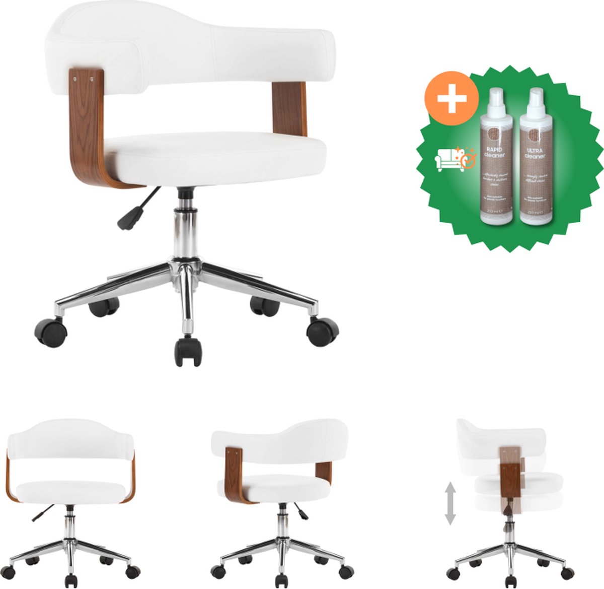 vidaXL Kantoorstoel draaibaar gebogen hout en kunstleer wit - Bureaustoel - Inclusief Onderhoudsset