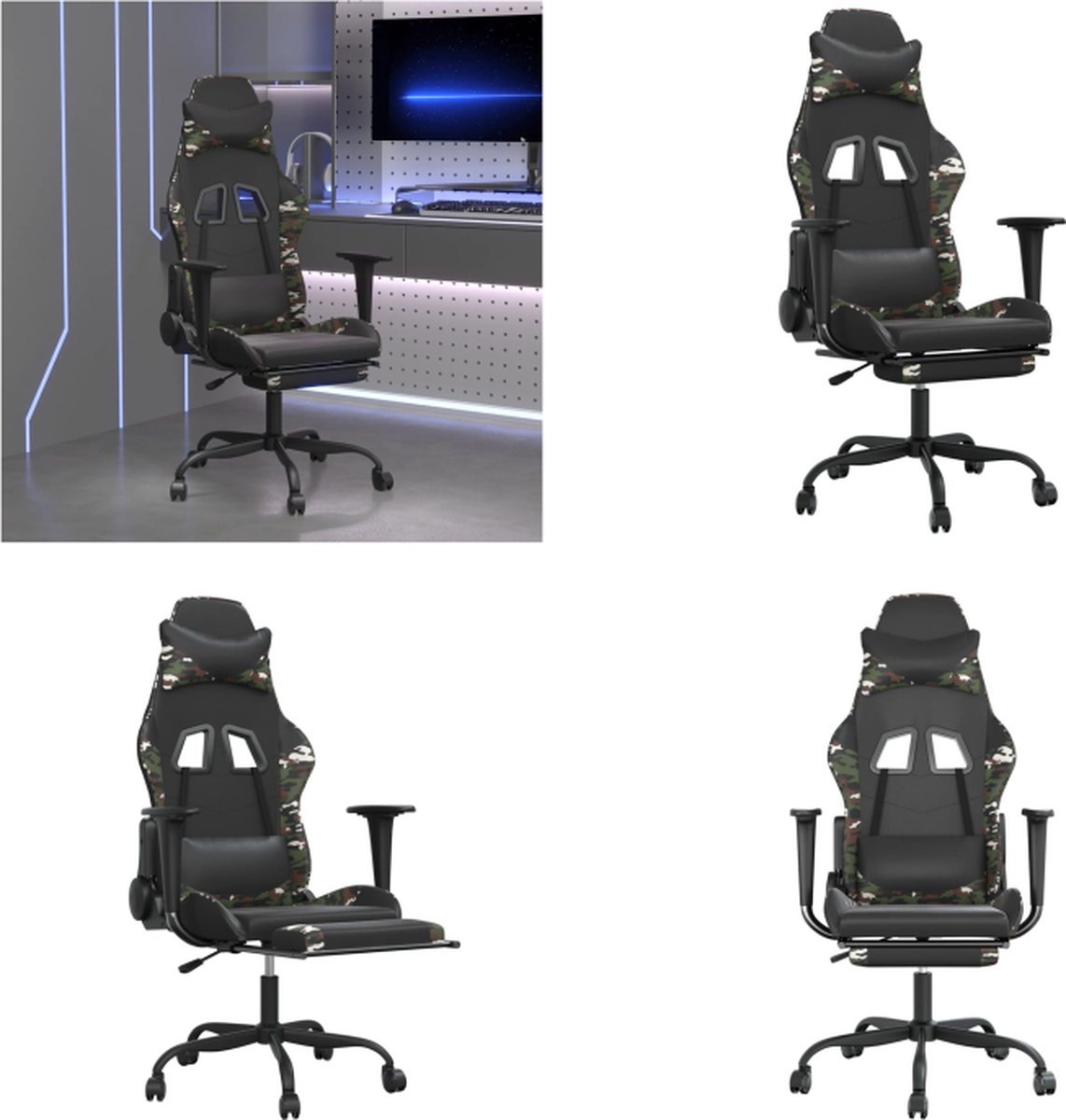 vidaXL Massage - gamestoel - met - voetensteun - kunstleer - zwart - & - camouflage Zwart en camouflage
