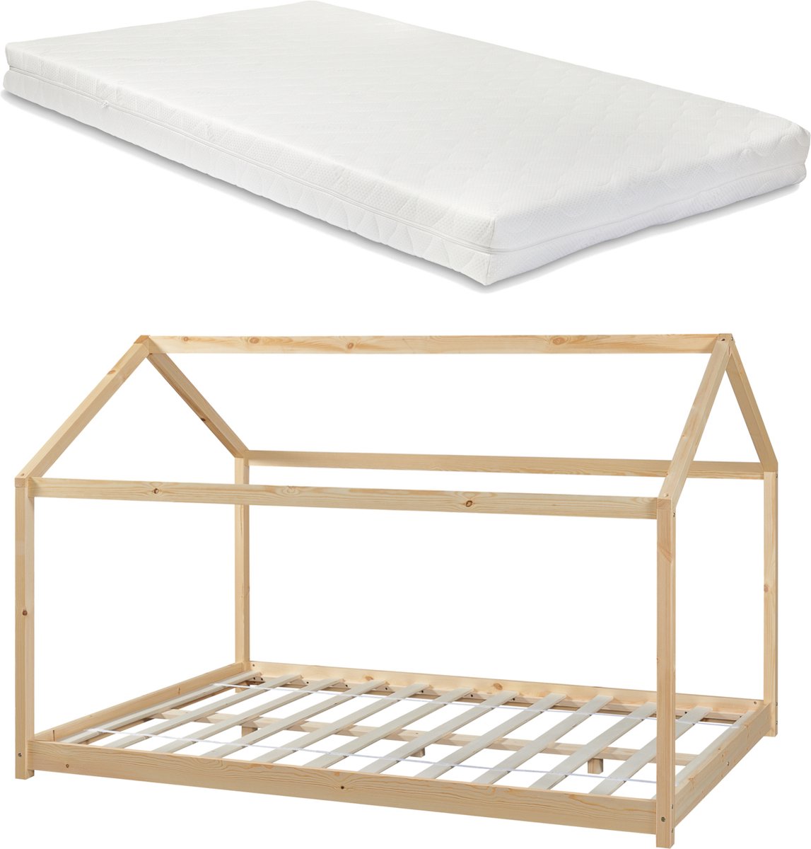 en.casa Kinderbed Cerro huisbed met matras 120x200 cm houtkleurig