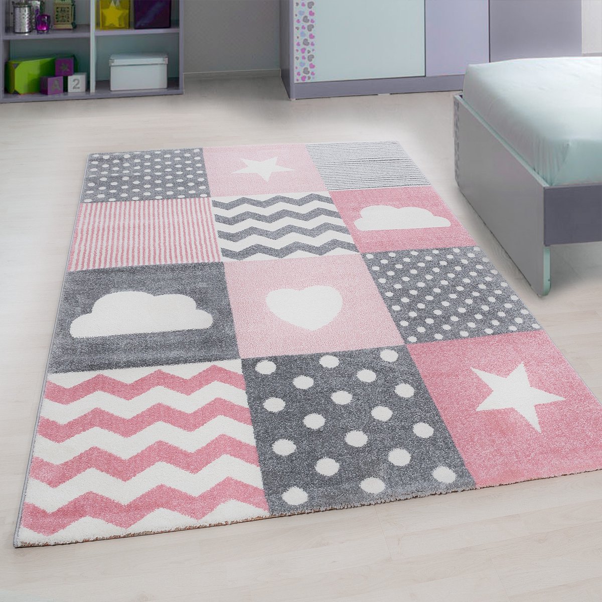 flycarpets Flycarpets - Kids Kinderkamer Hart En Ster Roze Vloerkleed - 120x170 cm Grijs