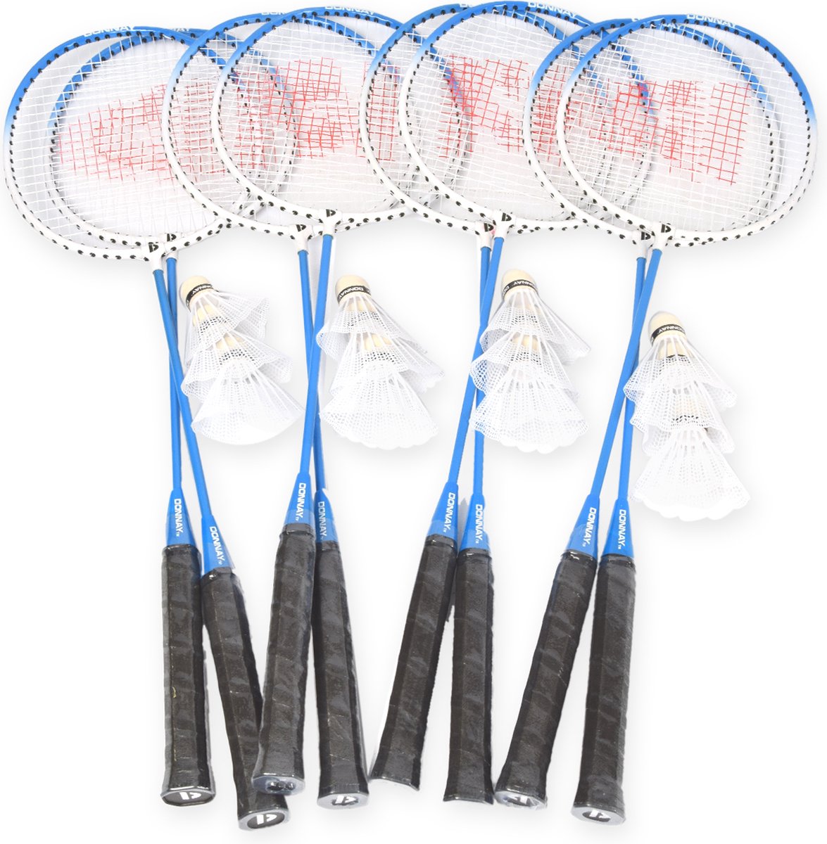 Badminton Set voor 8 Personen - 4 Sets met in totaal 8 Badmintonrackets en 12 Shuttles - Aluminium en BIO PLASTIC - Blauw