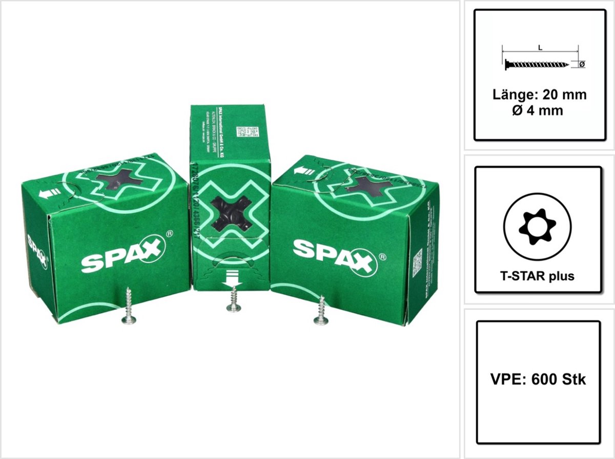 SPAX schroef met platte achterwandkop 4,0 x 20 mm 600 stuks (2x 0151010400203) Torx T-STAR Plus T20 voor achterwanden zonder lens, volledig schroefdraad, Wirox 4Cut