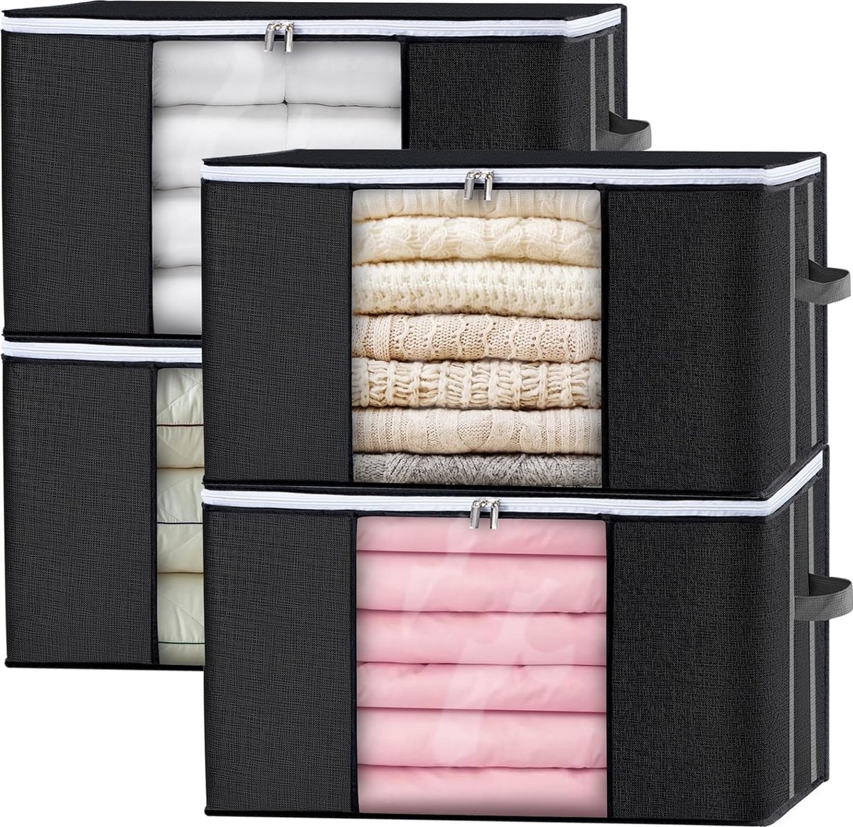 Opbergzak, 4 stuks, opbergdozen met deksel, groot, kledingopslag, opvouwbare opbergdozen voor dekbedden, kleding, dekens, organizer, versterkte handgreep, ritssluiting, zwart.
