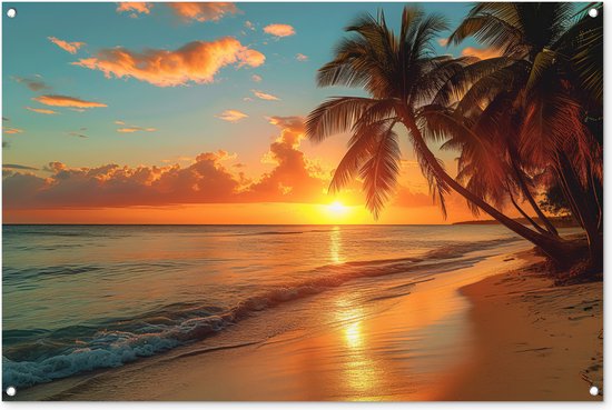 Tuinposter - Tuindoek - Tuinposters buiten - Zonsondergang - Strand - Palmbomen - Zee - Zon - 120x80 cm - Tuin