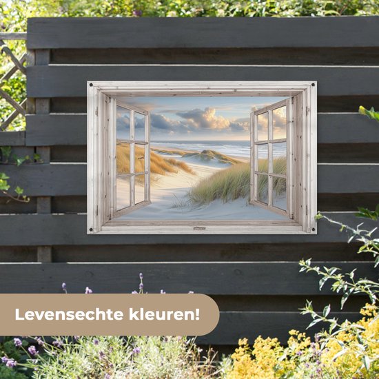 Tuinposter doorkijk strand - Tuindecoratie duinen - 120x80 cm - Natuur poster voor in de tuin - Buiten decoratie - Schutting raam tuinschilderij - Tuindoek muurdecoratie - Wanddecoratie balkondoek