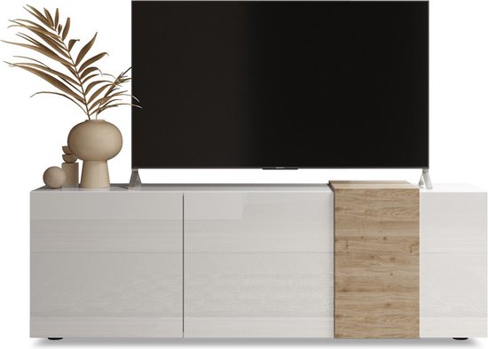 Tv-meubel met 3 deuren - Wit en licht naturel - CAYNO L 180.5 cm x H 57 cm x D 43.6 cm