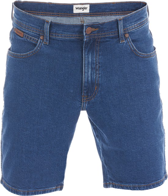 Blauwe denim shorts met knoopsluiting, Wrangler label en bruine stiksels.