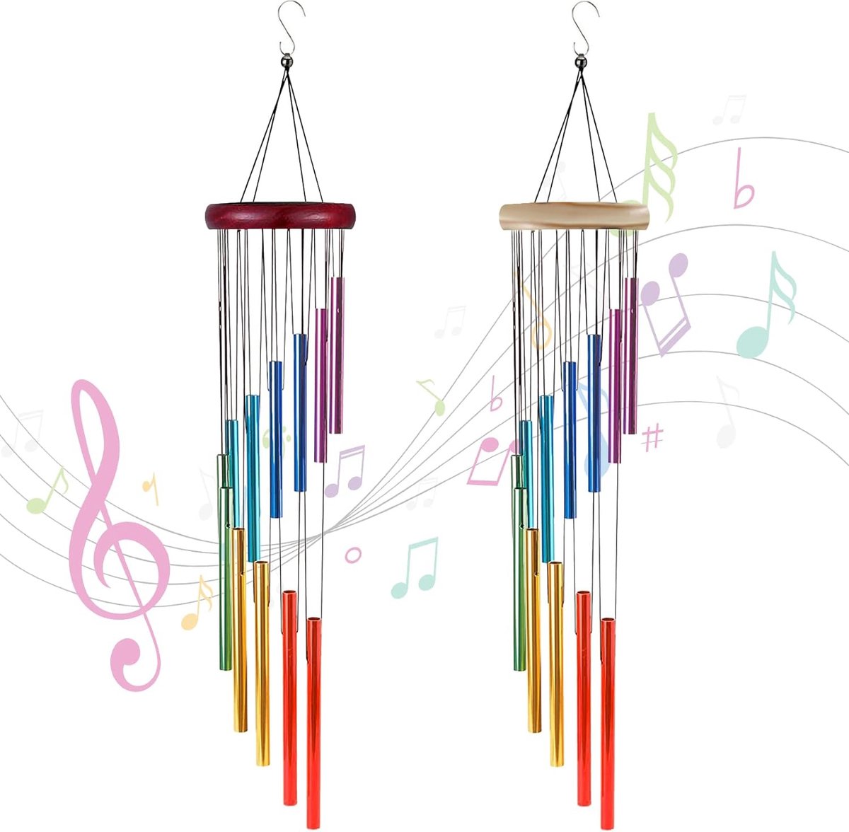 Set van 2 windgong hangende windgong met 24 metalen buizen voor tuin balkon terras achtertuin woondecoratie (regenboogkleuren)