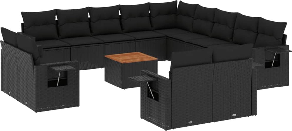 vidaXL 14-delige - Loungeset - met - kussens - poly - rattan - zwart