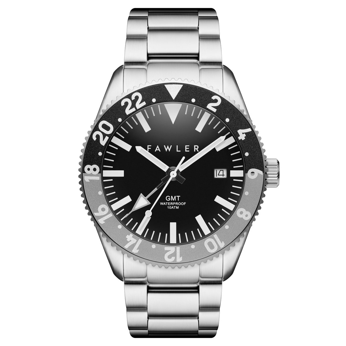 Fawler Métier Grijze Roestvrijstalen GMT Horloge voor Mannen
