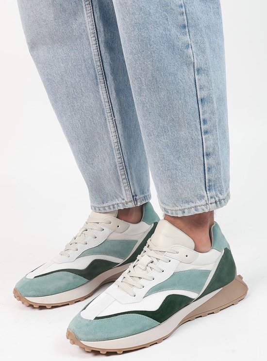 Sacha - Heren - Groene leren sneakers met suède details - Maat 45