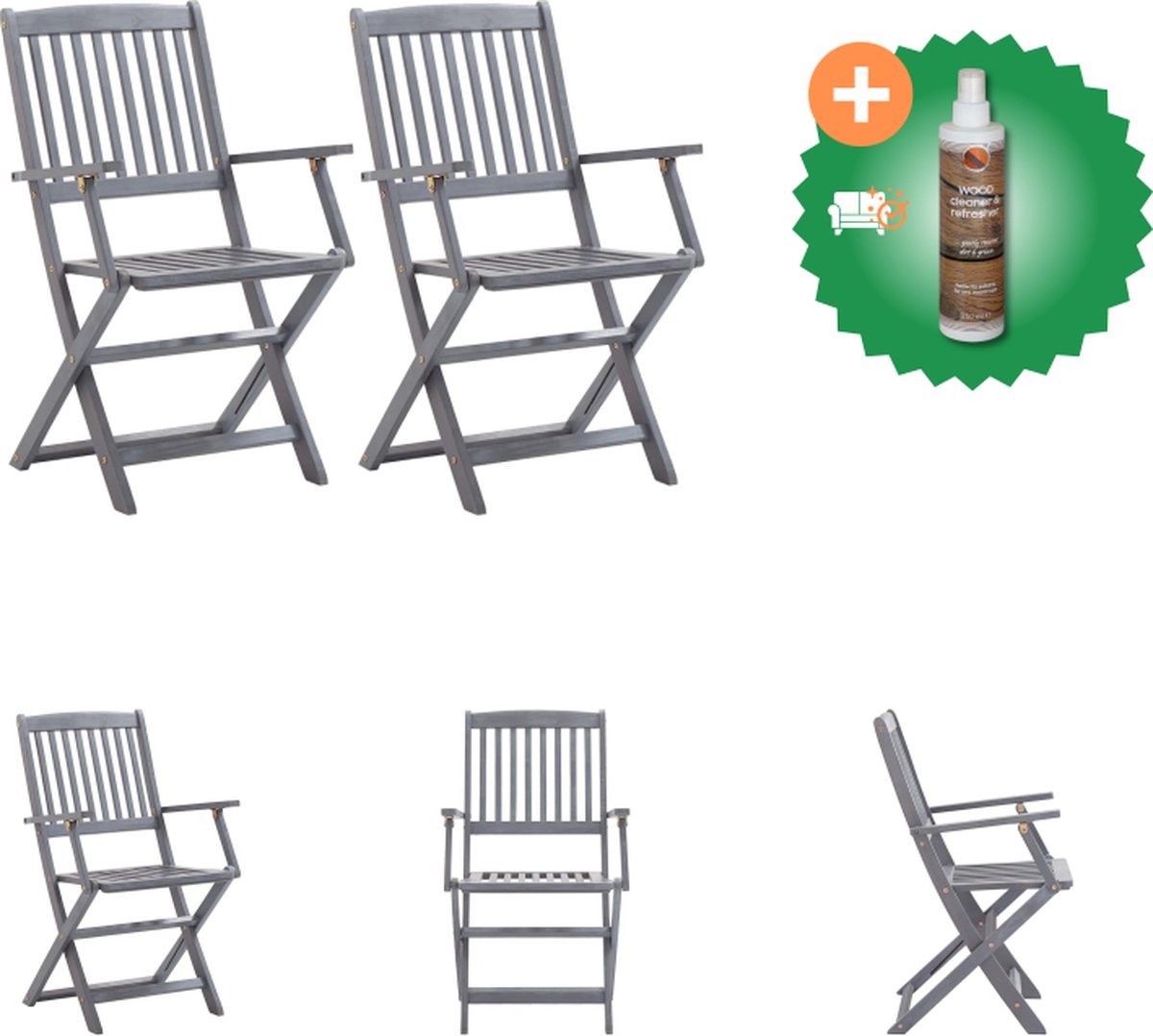 VidaXL Klapstoelen Acaciahout Greywash 54 x 57 x 91 cm Levering bevat 2 stoelen Tuinstoel Inclusief Houtreiniger en verfrisser