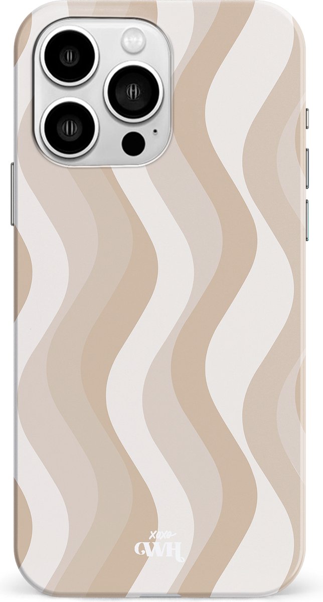 xoxo Wildhearts Minimal Nude - Double Layer - Hardcase geschikt voor iPhone 15 Pro hoesje - Siliconen hoesje iPhone met golven print - Cover geschikt voor iPhone 15 Pro beschermhoes - wit / beige / bruin
