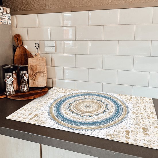 KitchenYeah® Inductie beschermer 81.6x52.7 cm - Mandala - Blauw - Bohemian - Wit - Design - Kookplaataccessoires - Afdekplaat voor kookplaat - Inductiebeschermer - Inductiemat - Inductieplaat mat