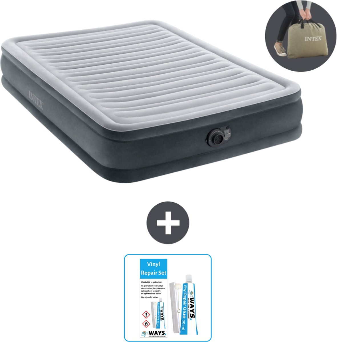 Intex Luchtbed - Twijfelaar - 137 x 191 x 33 cm - Grijs - Inclusief pomp - Reparatieset