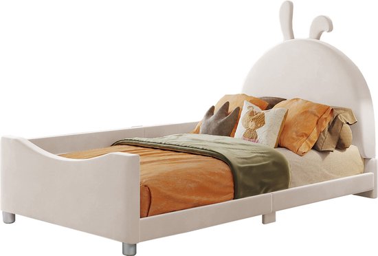 Merax Kinderbed 90x200cm - Gestoffeerd Bed - Flanellen Bekleding Bedframe - Konijnvorm Hoofdbord - Beige