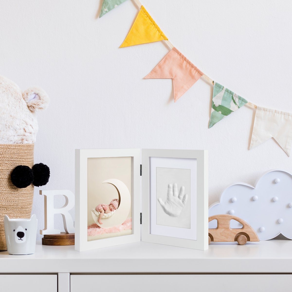 Pookie Boo Premium babyhand- en voetafdrukset om zelf te maken, met echt houten fotolijst, acrylglas en plaathouder voor 2 babyfoto's, perfect cadeau -idee voor peuters, moeders en vaders