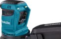 Turquoise Makita schuurmachine met open batterijcompartiment.