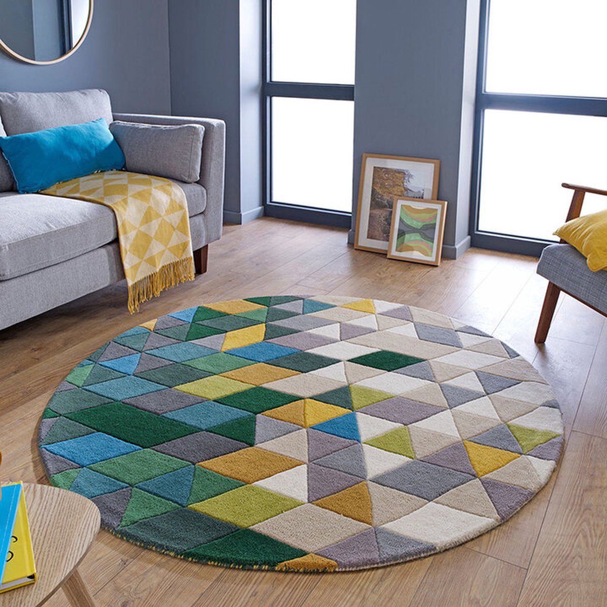 flycarpets Prism Modern Laagpolig - 100% Wol - Driehoek Vloerkleed - Groen / Multi - 160x160 cm