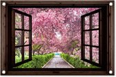Tuinposter doorkijk sakura - Donkerbruin raam - Tuindecoratie roze bloemen - 60x40 cm - Tuinschilderij voor buiten - Tuindoek bloesemboom - Wanddecoratie tuin - Schuttingdoek - Balkon decoratie - Tuinversiering buitenposter - Muurdecoratie