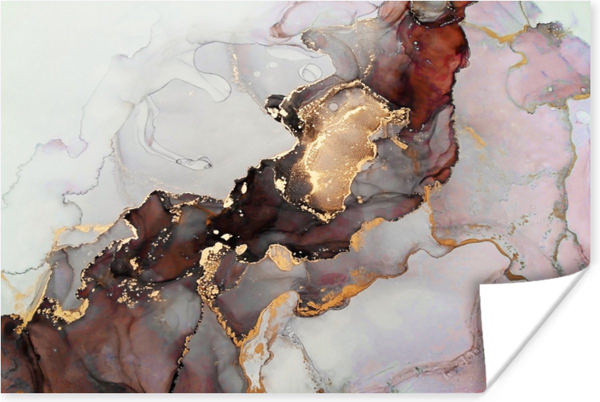 Poster Rood - Marmer - Goud - 30x20 cm