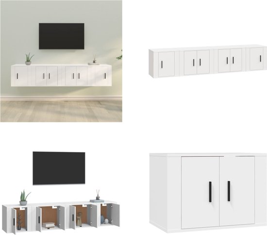 vidaXL 4-delige Tv-meubelset bewerkt hout wit - Tv-kast - Tv-kasten - Tv-meubel - Hifi-meubel