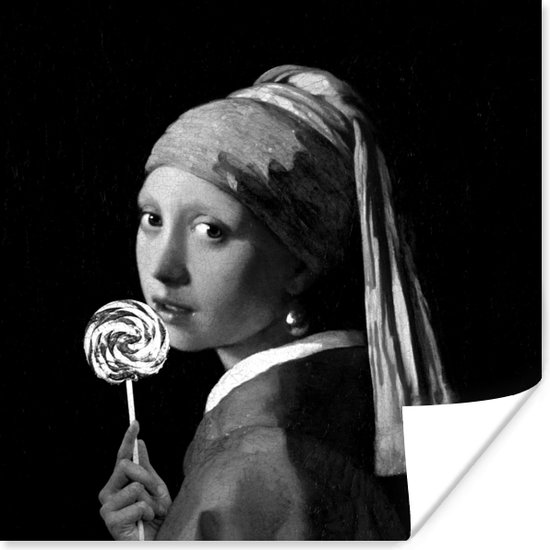 Poster Het meisje met de parel - Johannes Vermeer - Zwart - Wit