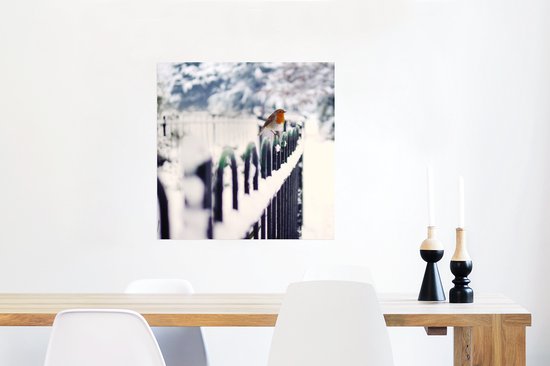 Affiche Robin sur une clôture enneigée 50x50 cm - Tirage photo sur Poster (décoration murale salon / chambre)