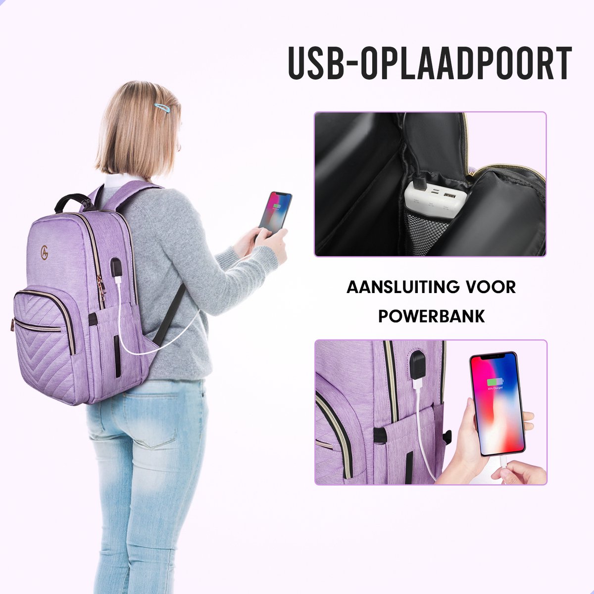 AG Luxe Rugzak Dames Lila - Rugzakken - Rugtassen - Meisje - Laptop - 26L - School - Kind - Backpack Waterafstotend- Schooltas - Reizen & Werken - Anti Diefstal Ontwerp - Inclusief Usb Oplaadstation – foto 6