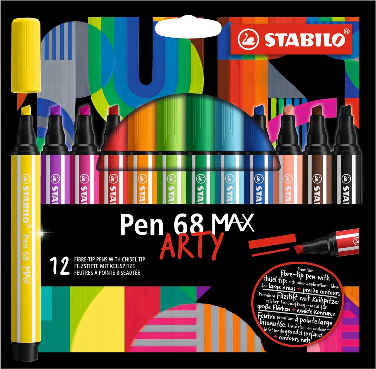 Premium viltstift met dikke wigpunt - STABILO Pen 68 MAX - ARTY - 12 stuks - met 12 verschillende kleuren