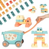Playos® - Trekkar met Bouwblokken - met Deksel - 32 delig - Pastel - Blokken - Constructiespeelgoed - Bouwstenen - Educatief Speelgoed