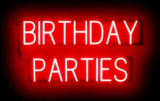BIRTHDAY PARTIES - Lichtreclame Neon LED bord verlicht | SpellBrite | 76 x 38 cm | 6 Dimstanden - 8 Lichtanimaties | Reclamebord neon verlichting
