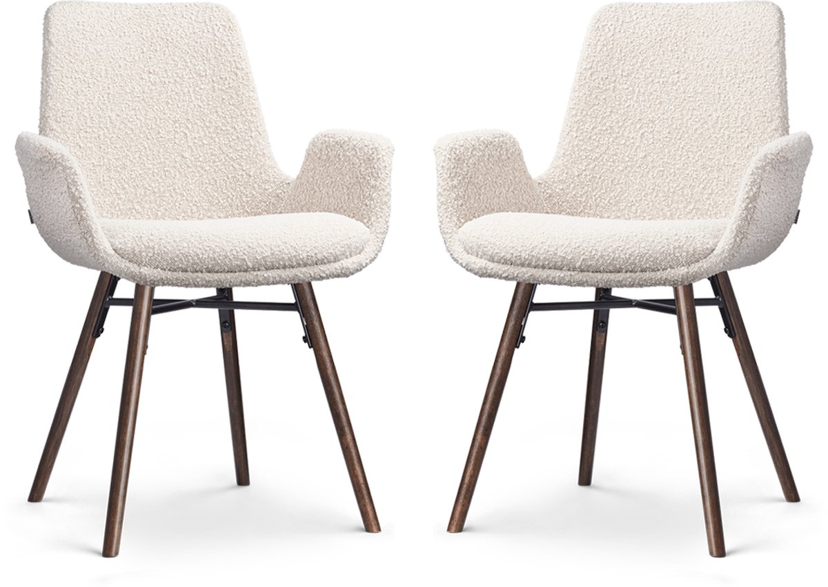 Nolon Nena-Eef Eetkamerstoelen Set van 2 Bouclé Beige - Armleuningen - Stof - Houten Poten - Walnoot - Lage Armleuning - Design - Scandinavisch Bouclé - Beige - Walnoot onderstel