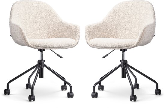 Nolon Nout-Mae Bureaustoelen Set van 2 Bouclé Beige - Stof - Verstelbaar - Wieltjes - Wit Onderstel - Design - Comfortabel