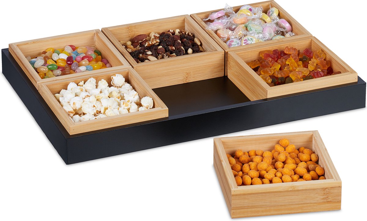 serveerschaaltjes - met dienblad - bamboe - 6 bakjes - natuur-zwart
