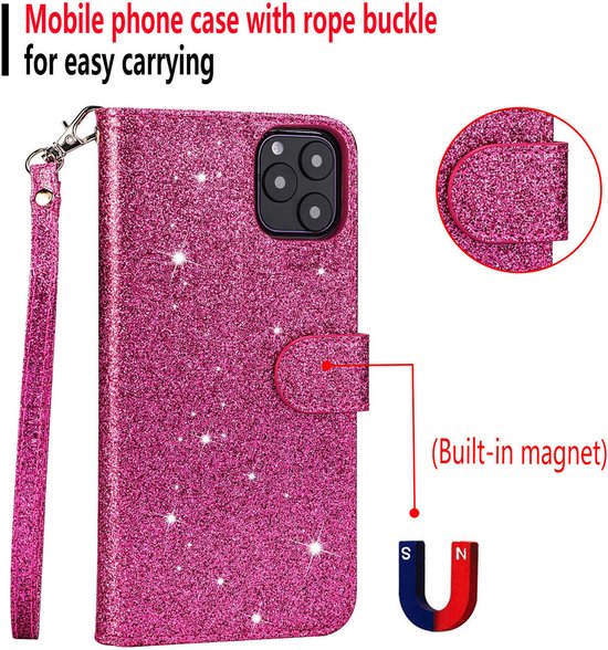 Étui portefeuille - Étui portefeuille - Fermeture éclair à Glitter scintillantes - Étui de téléphone avec Kord Convient pour : Samsung Galaxy A34 4G & 5G - Rose