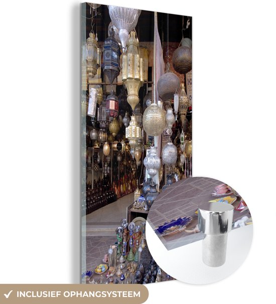 MuchoWow® Glasschilderij 60x120 cm - Schilderij acrylglas - Lampen op Djemaa-El-Fna markt in Marokko - Foto op glas - Schilderijen