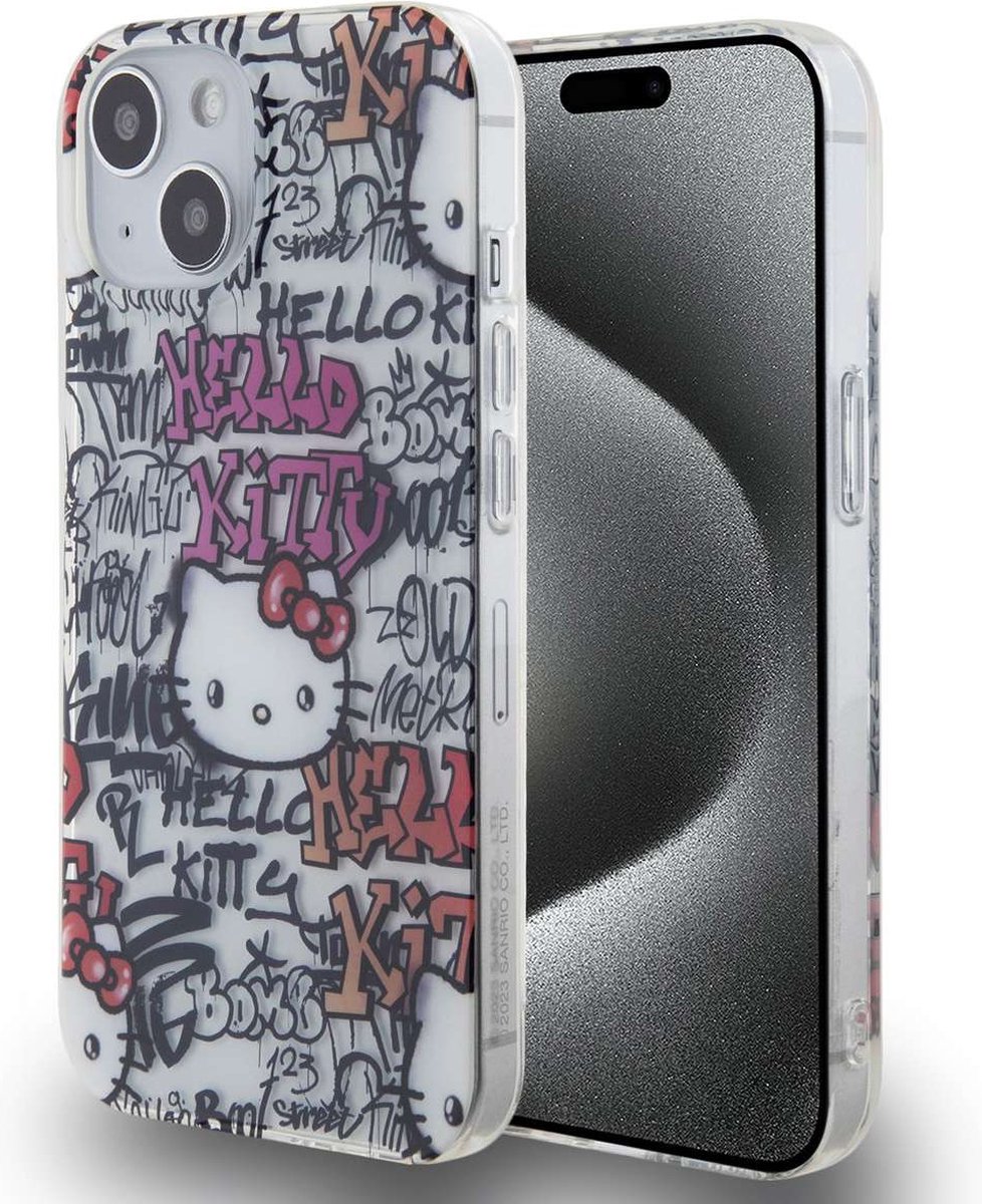 Hello Kitty iPhone 15 TPU Back Cover hoesje - Graffiti Tags - Wit