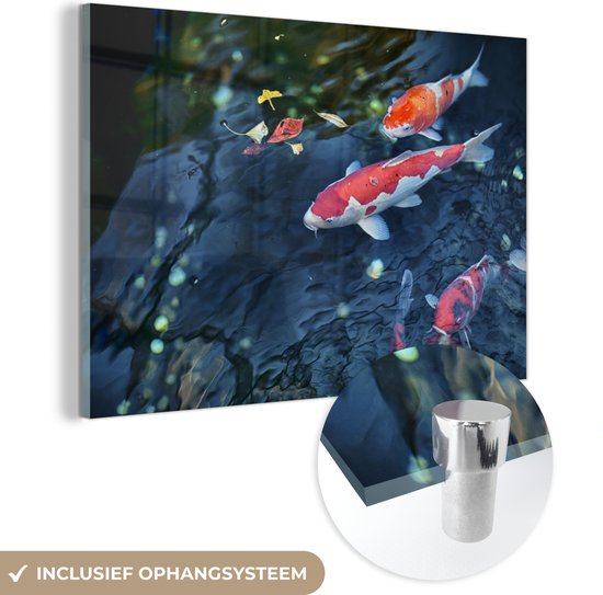 MuchoWow® Glasschilderij 150x100 cm - Schilderij acrylglas - Vier koi karpers in een vijver - Foto op glas - Schilderijen