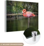 MuchoWow® Glasschilderij 40x30 cm - Schilderij acrylglas - Een flamingo staat op een poot in het water - Foto op glas - Schilderijen