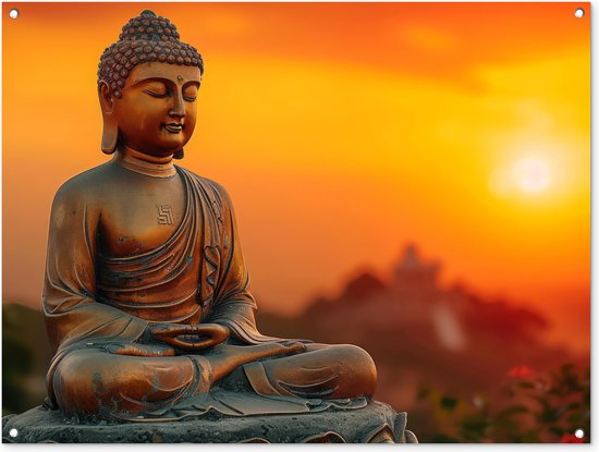 Tuinposter Boeddha - Tuindecoratie Buddha zonsondergang - 120x90 cm - Wanddecoratie voor buiten - Schutting decoratie - Buitenposter Boedha beeld - Schuttingdoek - Tuindoeken - Tuin doek - Balkon poster