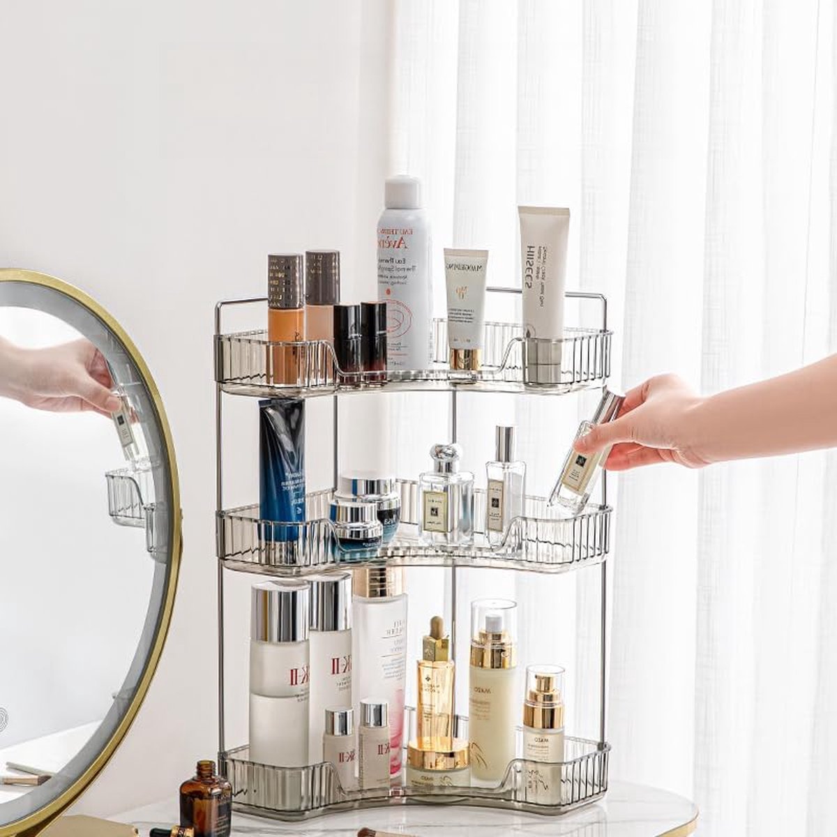 Make-up organizer, cosmetica-organizer, parfumorganizer, huidverzorging-organizer voor badkamer, make-uptafel (3 lagen, grijs)