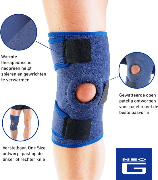 Blauwe neopreen kniebrace met klittenbandsluitingen en een open patella, met details over therapie en pasvorm.