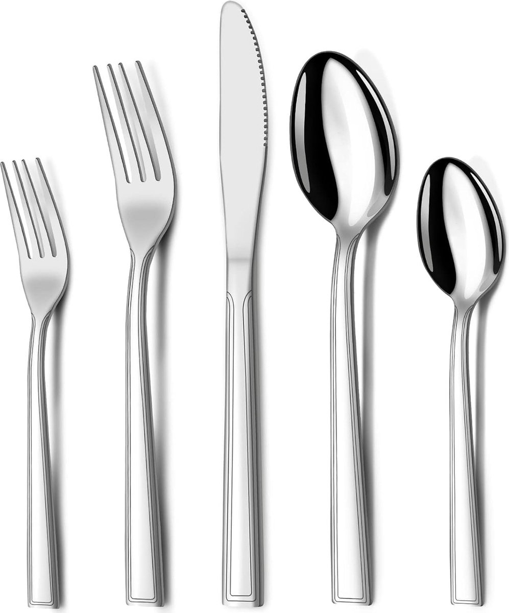 Bestekset, 60-delige bestekset voor 12 personen, roestvrij staal met mes, vork, lepel voor restaurant, feest, bruiloft, klassiek gestreept handwerk, vaatwasmachinebestendig
