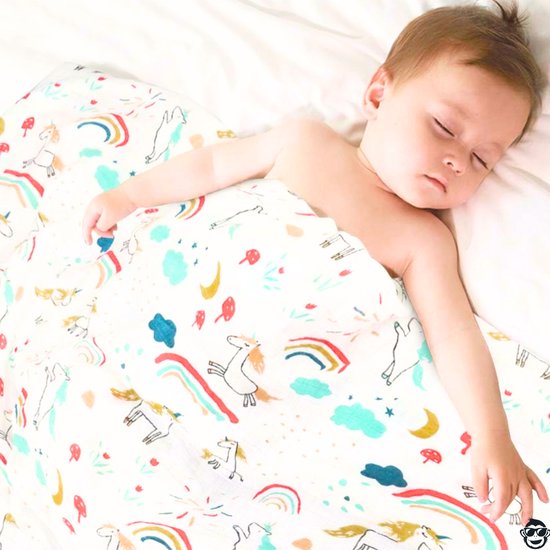 Duopack 2x BoefieBoef Regenboog Eenhoorn Grote XL Hydrofiele Doek Baby - Duurzaam Eco Bamboe - Kerst en KraamCadeau - Swaddle, Inbakerdoek, Hydrofiele Luier & Babydeken - Wit Gekleurd Sprookje — afbeelding 5