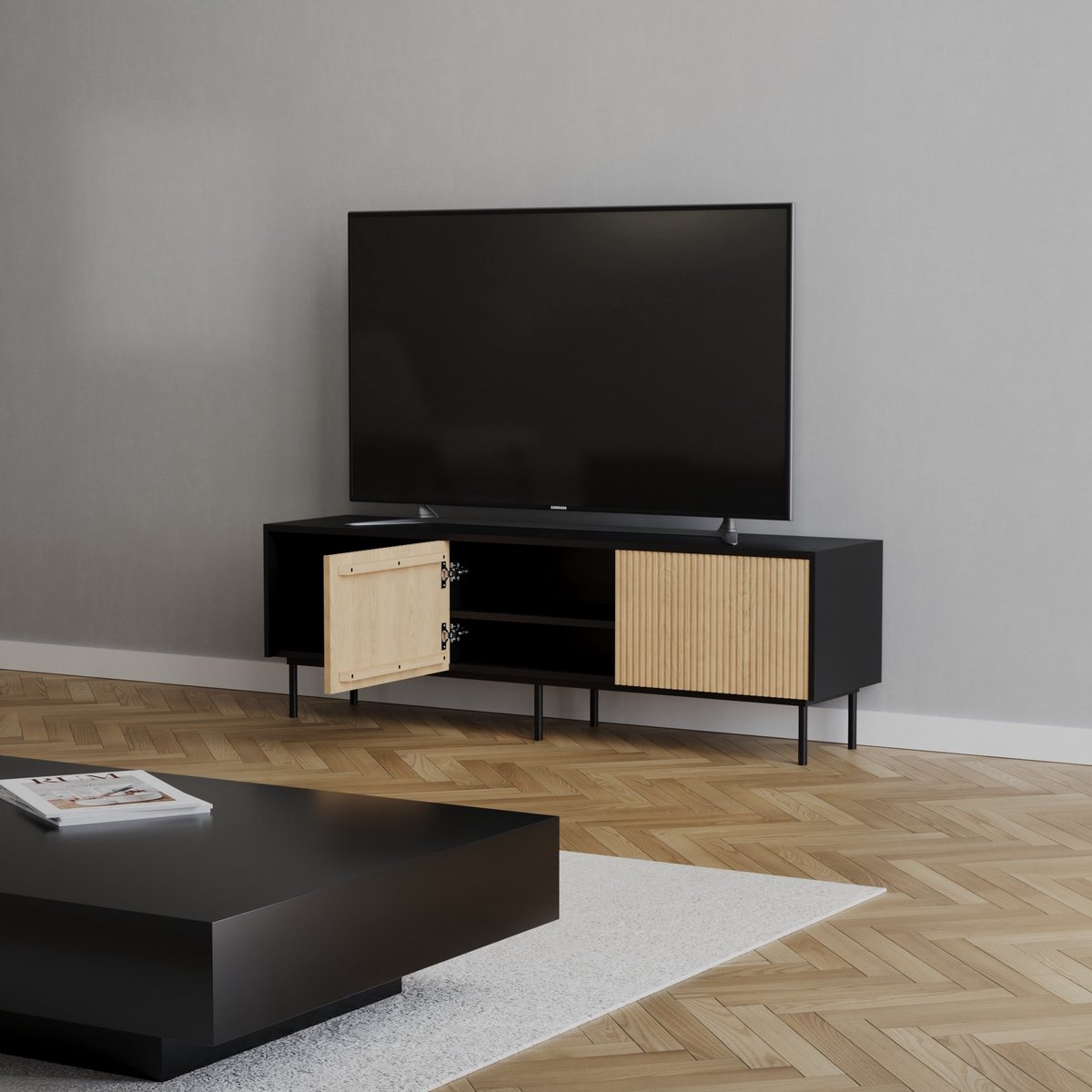 Bronx71® Tv-meubel Ray zwart/blank eiken 150 cm