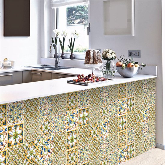 Ulticool Décoration Autocollant carrelages - Folklore Bloem Verte Ornement - Film pour Meubles - 15x15 cm - 15 pièces Film adhésif Autocollants pour carrelage d'armoire de cuisine Autocollants pour meubles - Autocollant - Salle de bain - Cuisine