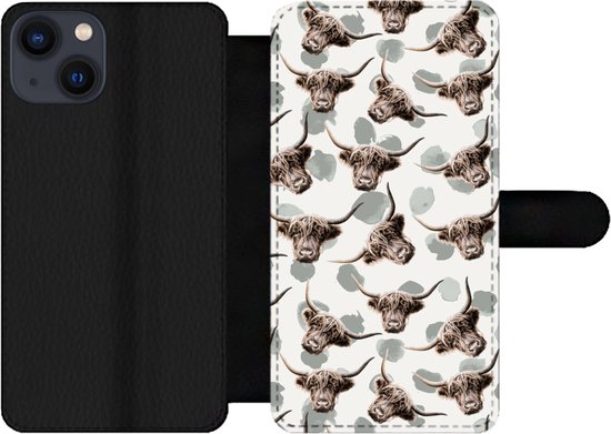 Étui pour téléphone iPhone 13 Bookcase - Vache - Highlander écossais - Animaux - Avec compartiments - Étui portefeuille avec fermeture magnétique