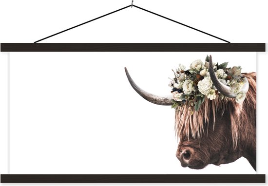 Porte-affiche avec affiche - Affiche scolaire - Highlander écossais - Animaux - Fleurs - 60x30 cm - Lattes noires